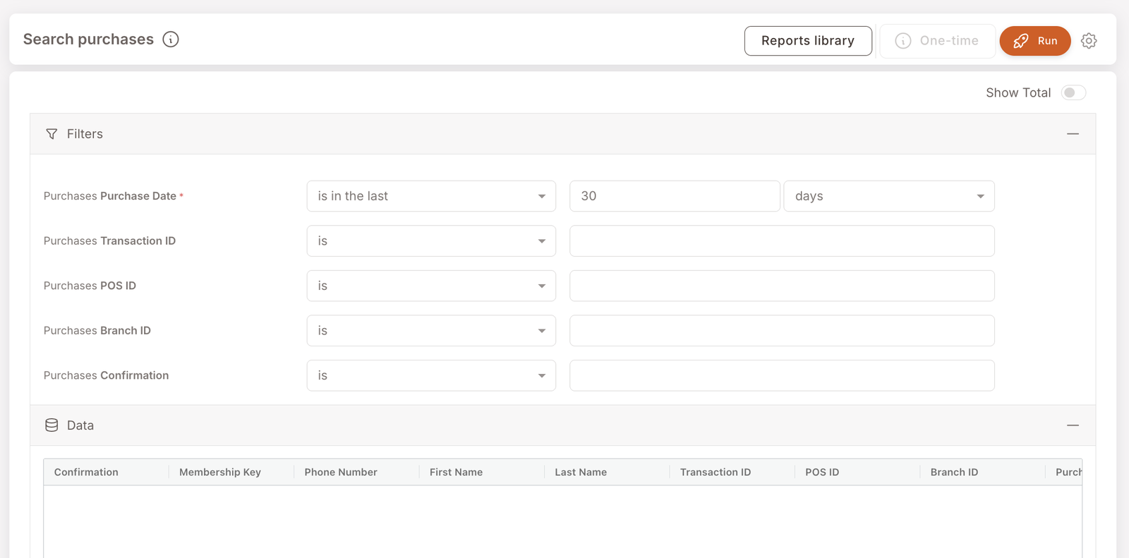 Search purchases report. Filters: Purchase Date is in the last 30 days (required), Transaction ID is empty, POS ID is empty, Branch ID is empty, Confirmation is empty. Data table headers visible: Confirmation, Membership Key, Phone Number, First Name, Last Name, Transaction ID, POS ID, Branch ID, Purch... (truncated).
