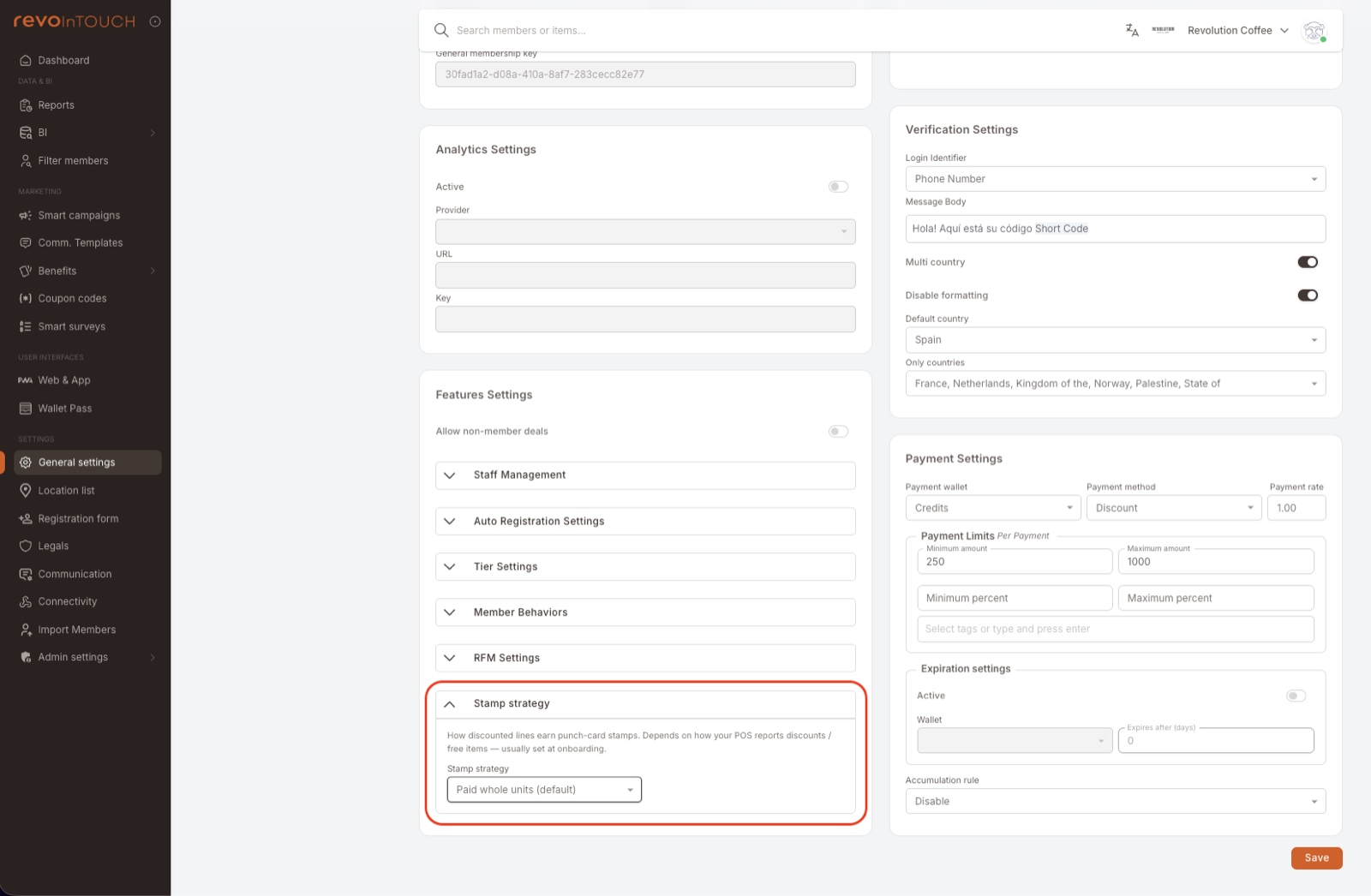 The General settings page with the Stamp strategy accordion expanded at the bottom of the Features settings card, below Staff Management, Auto Registration Settings, Tier Settings, Member Behaviors and RFM Settings. It shows the helper text "How discounted lines earn punch-card stamps. Depends on how your POS reports discounts / free items — usually set at onboarding." and a Stamp strategy dropdown set to "Paid whole units (default)". The Save button sits at the bottom-right of the page.