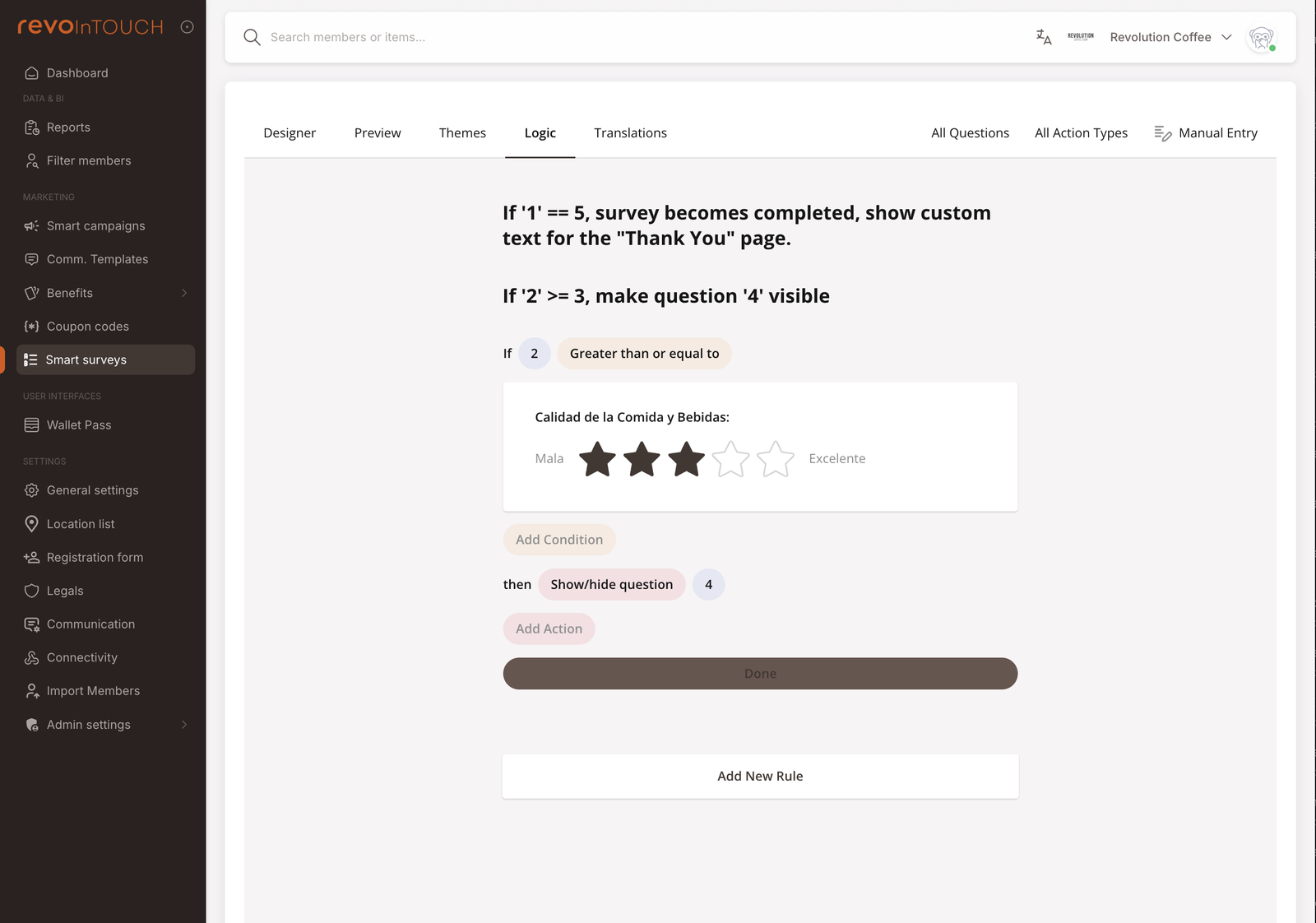 The Logic tab in the survey builder. Top tab bar: Designer / Preview / Themes / Logic (selected) / Translations. The canvas shows a rule list — each row says "If <question> <is/is not/contains> <value>, then <skip question / show question / go to page / complete survey>". An Add rule button at the bottom. Right rail shows rule-editing controls when a rule is selected.