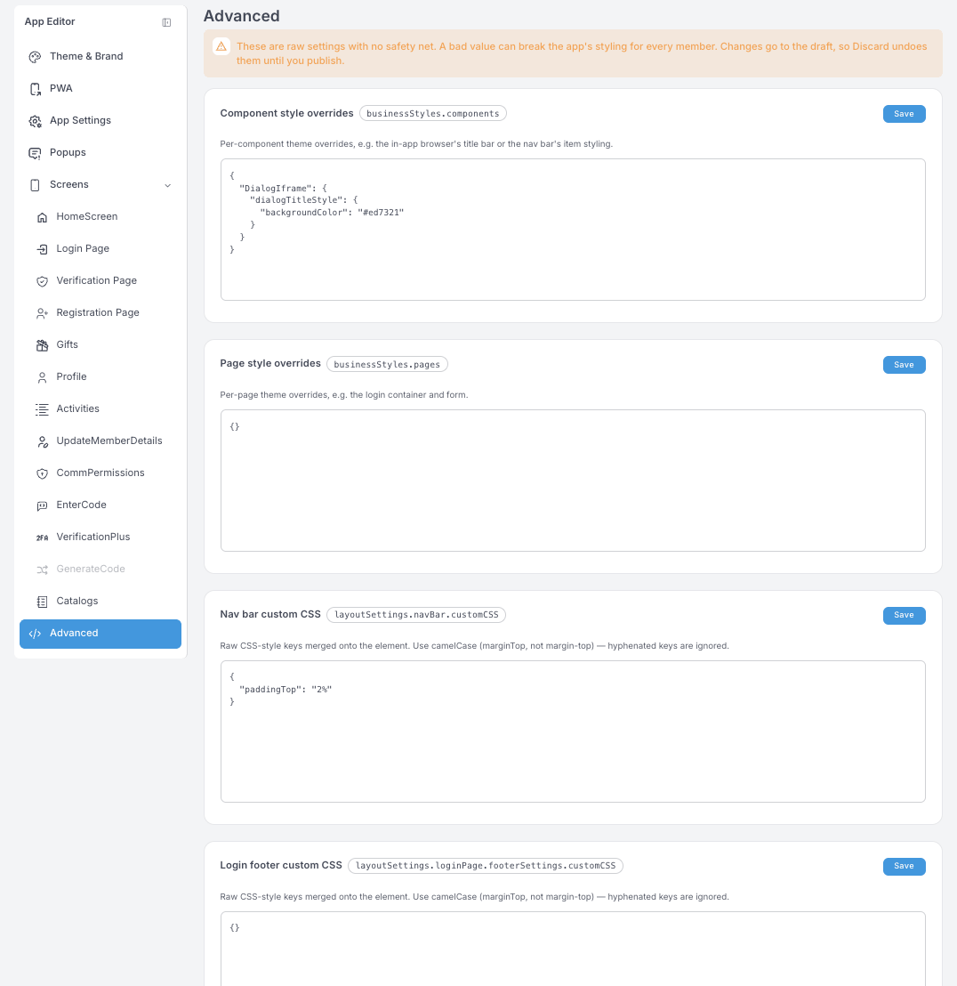 Advanced-Panel — vier JSON-Felder: Component style overrides, Page style overrides, Nav bar custom CSS und Login footer custom CSS