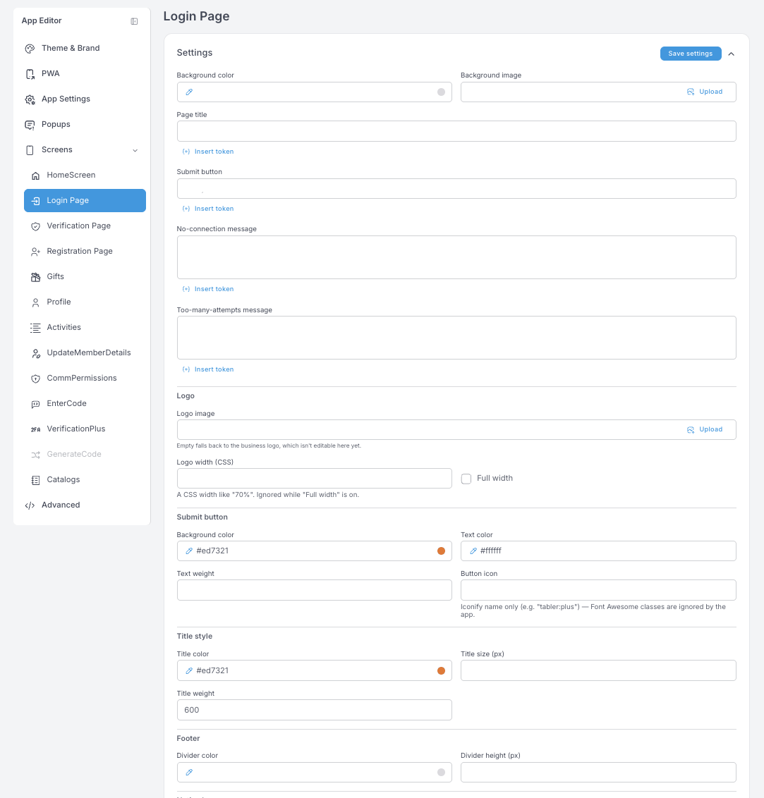 Einstellungen der Login Page — Hintergrund, Seitentitel, Submit-Button, Meldungen für No-connection und Too-many-attempts, ein Logo-Block sowie das Styling von Submit-Button, Titel und Footer