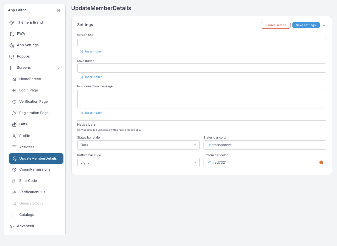Einstellungen von UpdateMemberDetails — Screen-Titel, Speichern-Button, No-connection-Meldung und Native bars