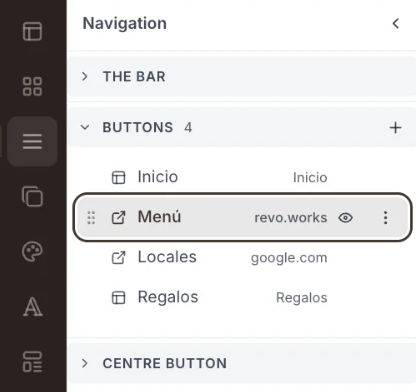 Navigation in der linken Leiste geöffnet: die Liste Schaltflächen mit Inicio, Menú, Locales und Regalos, Menú ausgewählt, daneben sein Link