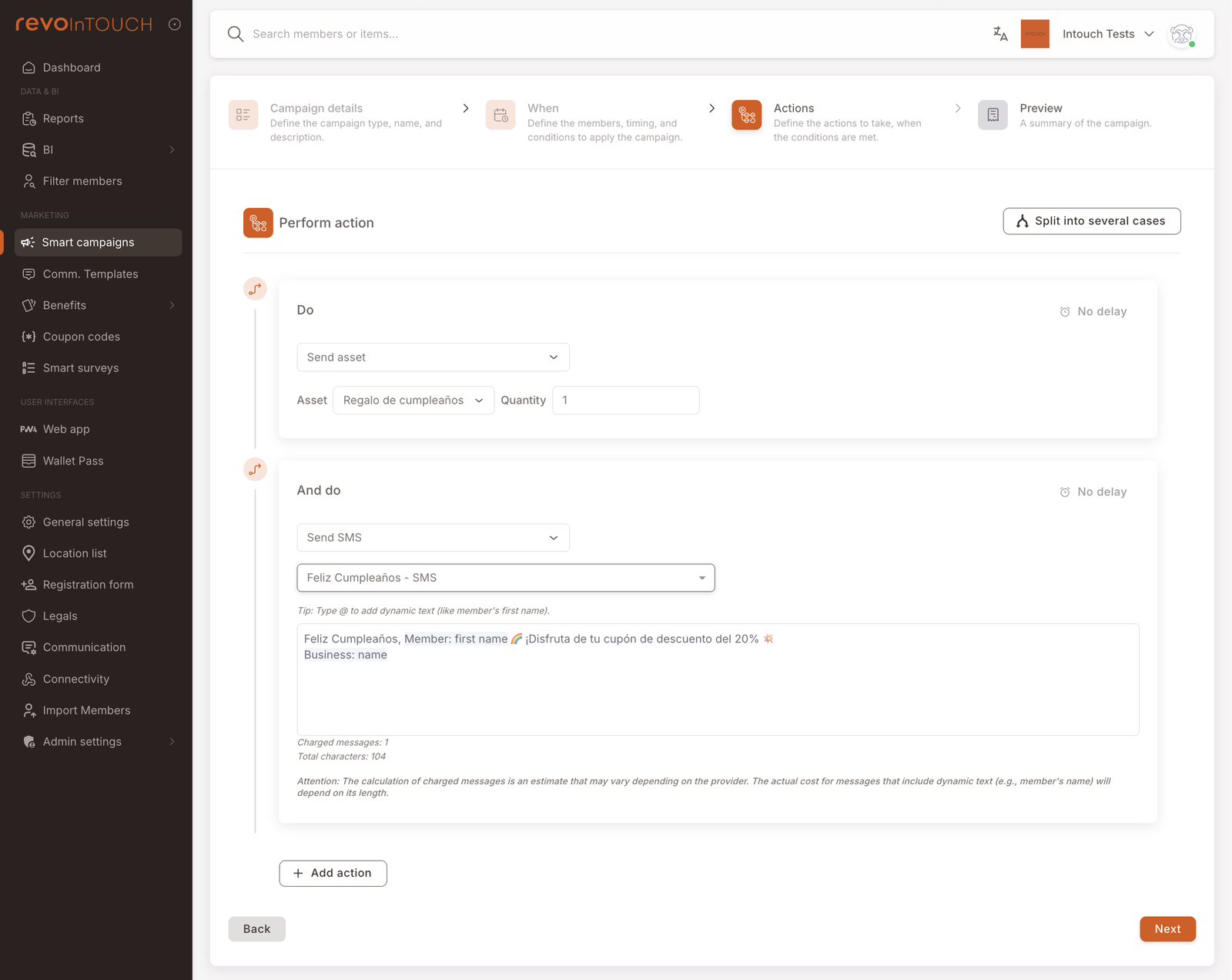 Paso 3 — Acciones con Enviar activo apilado (apuntando al Regalo de cumpleaños) y Enviar SMS (apuntando a la plantilla de SMS de cumpleaños)