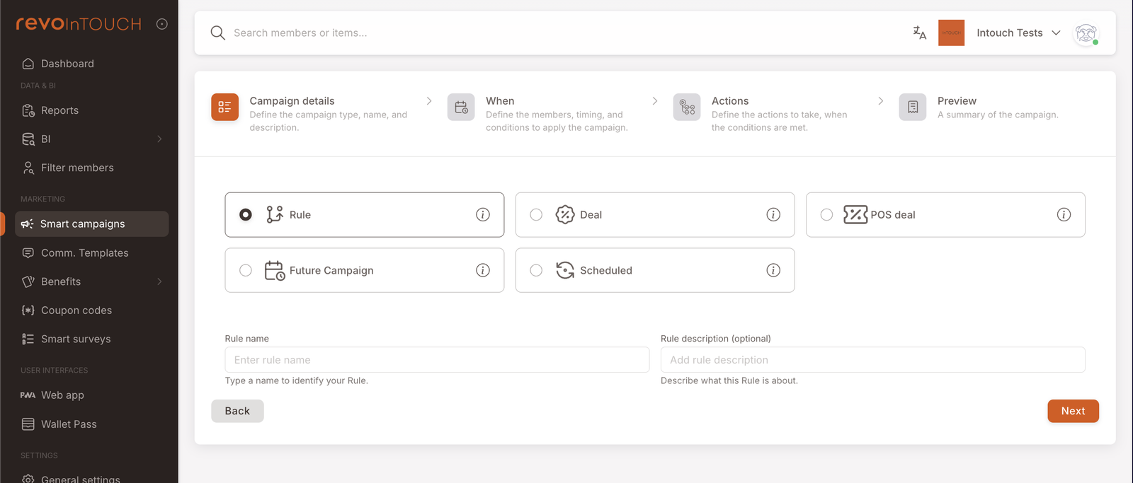 El modal del paso 1 de Crear-campaña mostrando el selector de los cinco tipos: Regla, Oferta, Oferta de POS, Campaña Futura, Programada