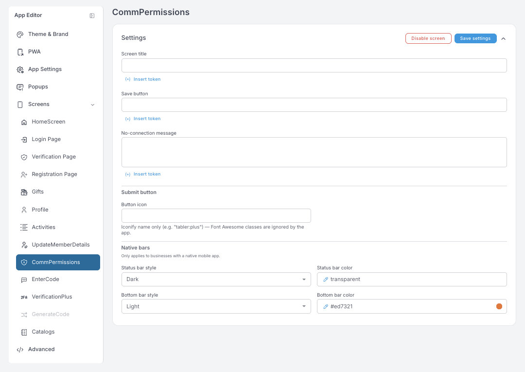 Ajustes de CommPermissions — título de pantalla, botón de guardar, mensaje No-connection y un campo de icono para el botón de envío