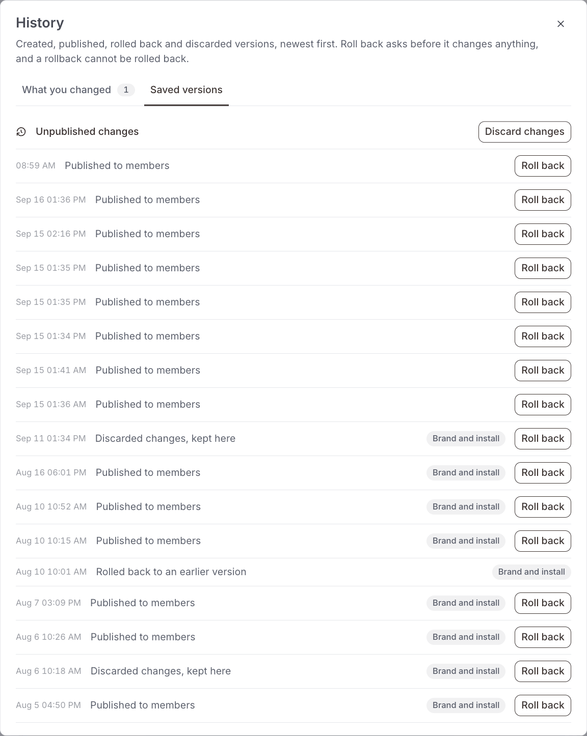 El historial, en la pestaña Versiones guardadas: arriba, Cambios sin publicar con el botón Descartar los cambios; debajo, todas las versiones publicadas, descartadas y revertidas con su fecha, casi todas con un botón Revertir