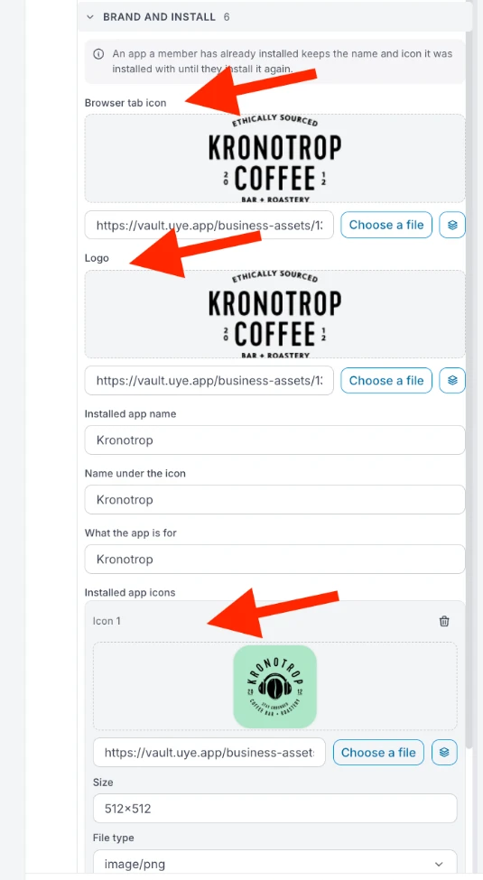 Marca e instalación desplegada: el aviso sobre las apps ya instaladas, Icono de la pestaña, Logotipo, Nombre de la app instalada, Nombre bajo el icono, Para qué es la app e Iconos de la app instalada con el Icono 1, su tamaño y su tipo de archivo