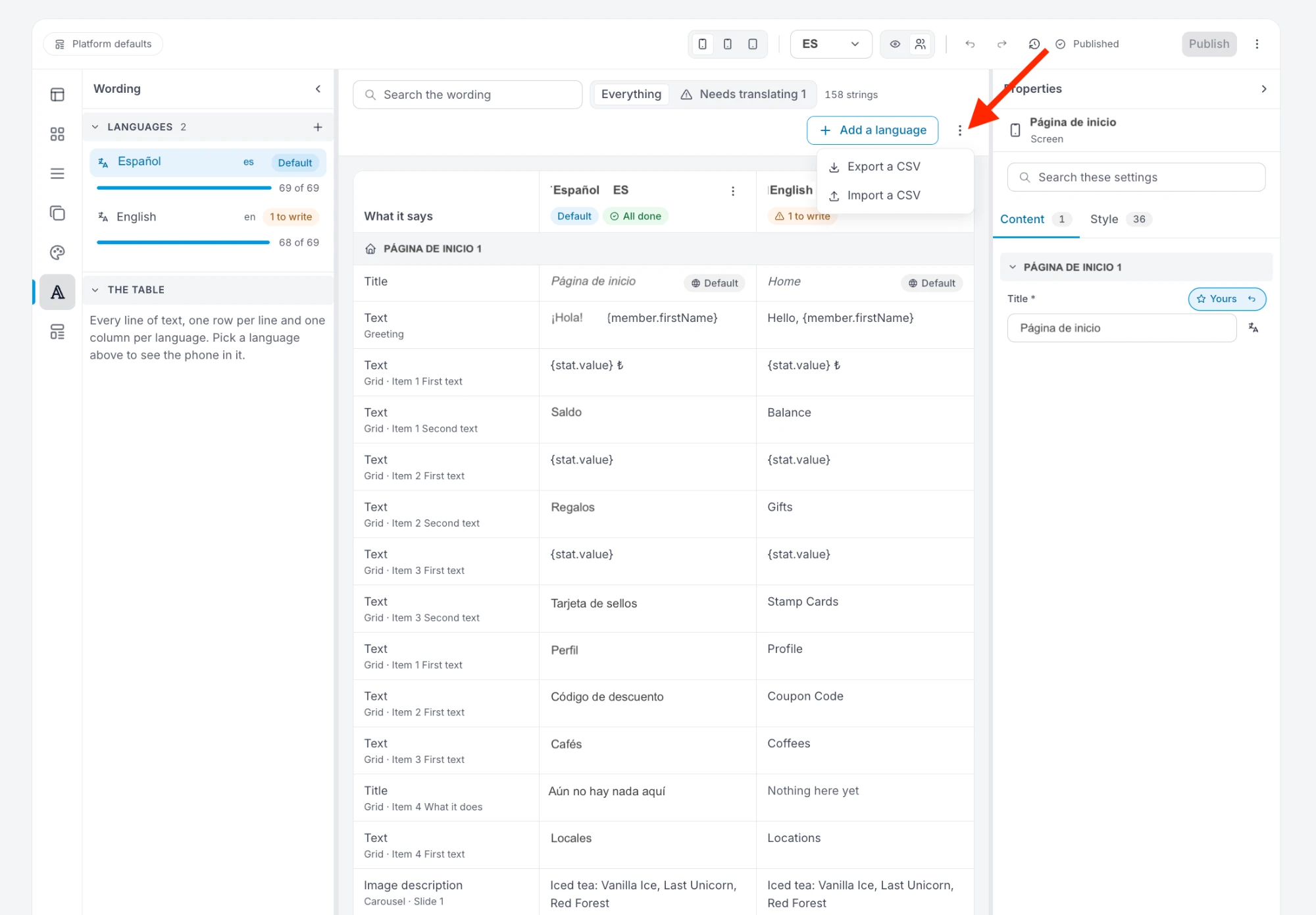La tabla de textos con una columna por idioma, español e inglés, y el menú ⋮ junto al botón para añadir un idioma, abierto con las opciones para exportar e importar un CSV