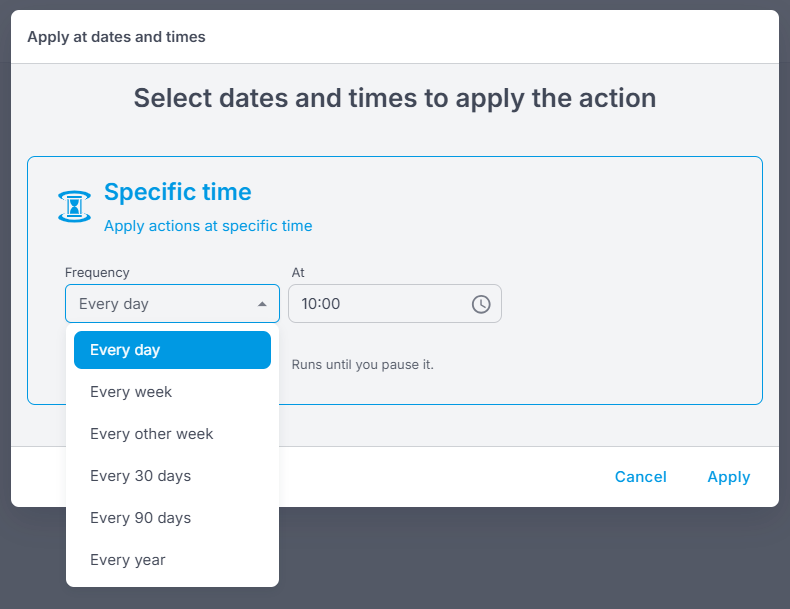 El selector Aplicar en fechas y horas con el desplegable de Frecuencia abierto