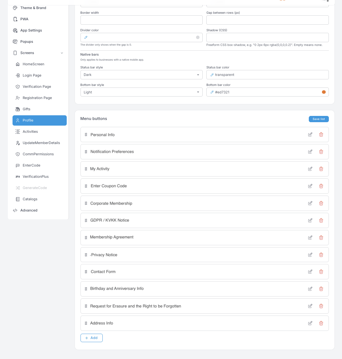 Profile menü düğmeleri — Personal Info, Notification Preferences, My Activity, Enter Coupon Code, yasal bildirimler, Contact Form ve bir veri silme talebini içeren yeniden sıralanabilir bir liste